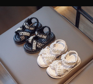 Sandales plates pour enfants à bout ouvert avec paillettes et perles, sandales pour petites filles avec perles - Product Image 4