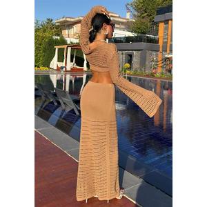 Ensemble trois pièces en tricot bohème pour femme, bustier ajouré, boléro, jupe, couleur moka, manches longues, respirant, style estival - Product Image 5