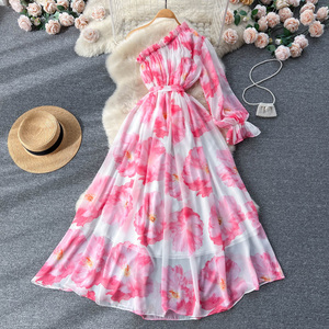 Abito da donna in <span class=keywords><strong>chiffon</strong></span> a maniche lunghe con una spalla obligue personalizzato abito da fata floreale con orlo a vita grande - Product Image 2