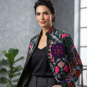 Chaqueta de Invierno para Mujer, de Terciopelo, con Bordado Floral Gris, Cuello Mandarín, Manga Larga, Resistente al Viento, con Forro de Algodón - Product Image 1