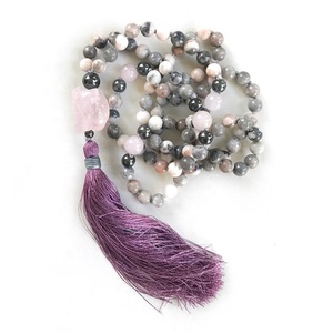 ST0663 Open The Heart Mala Necklace 6mm Pink Zebra Jasper Raw Rose Quartz Guru Bead 108 Beads Hand Knotted Necklaces Malas