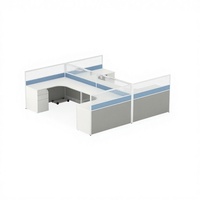 Poste de travail informatique contemporain en bois bleu en forme de T pour 4 personnes, face à face, gain de place
