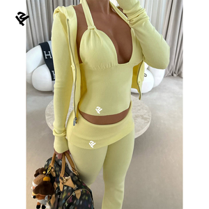 Ensemble de survêtement zippé personnalisé, ensemble de vêtements de détente côtelé en coton, trois pièces, hauts, pantalon de survêtement évasé et ensemble de sweat-shirt à capuche zippé, vêtements pour femmes - Product Image 4