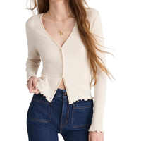 Cardigan côtelé 100 % coton pour femme, col en V, coupe ajustée, bord festonné, boutonné, style chic français, pull court en maille douce, vente en gros sur mesure