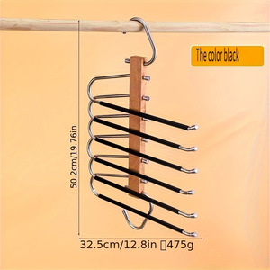 Porte-pantalon en bois massif et acier inoxydable, organisateur de vêtements pliable multi-niveaux, design minimaliste avec crochets - Product Image 3