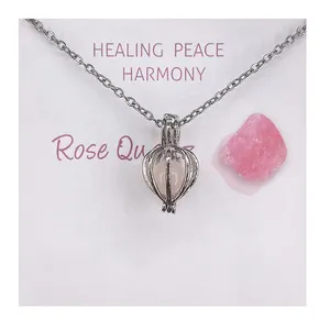 Natural Rose Quartz Healing Crystal Cage Pendant Necklace Openable Stone Holder Necklace With Cards Gifts