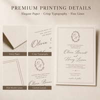 Invitation de mariage personnalisée intemporelle et neutre, motif délicat de couronne monogrammée avec enveloppe assortie et cartes d'accompagnement