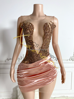 Ocstrade Robe de soirée scintillante or rose avec strass, robe moulante mini évidée personnalisée pour soirée et club