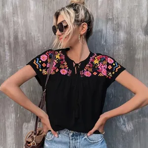 Chinese Wholesale Summer Short Sleeve Shirt Casual Boho Floral Embroidery Blouse