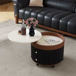 Mesa de centro moderna redonda giratoria con almacenamiento, tapa de madera color crema, móvil, para sala de estar, diseño minimalista - Product Image 4