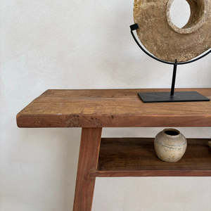 Antique Recycled Pine Wood Console Side Table <b>Space</b>-<b>Saving</b> Home Office <b>Desk</b> Furniture Metal Frame Shelf Living Room Dining Area - Product Image 3