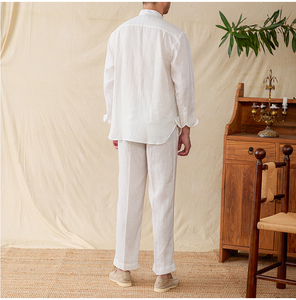 2024 nuevo verano hombres 100% camisa <span class=keywords><strong>de</strong></span> <span class=keywords><strong>lino</strong></span> pantalones <span class=keywords><strong>conjunto</strong></span> transpirable Color sólido Caballero versátil cómodo <span class=keywords><strong>conjunto</strong></span> Casual para hombres - Product Image 5