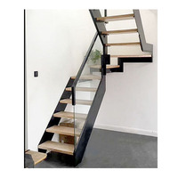 Marches d'escalier en bois flottantes, coupe droite et panneau en verre trempé, balustrade d'intérieur de style moderne, 2 pièces