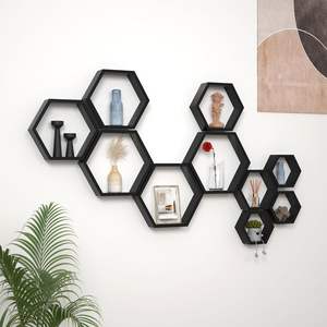 Étagères flottantes hexagonales en <span class=keywords><strong>bois</strong></span> <span class=keywords><strong>flotté</strong></span> rustique noir-Rangement <span class=keywords><strong>mural</strong></span> en nid d'abeille pour salle de bain, cuisine et espaces de vie - Product Image 2