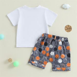 Vêtements d'été pour bébés de marque privée 1 pièce T-shirt à manches courtes imprimé <span class=keywords><strong>basket</strong></span>-ball Short élastique pour bébés garçons tenues - Product Image 4