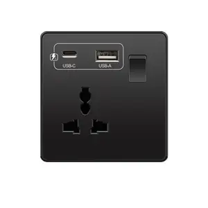 Hochwertige 13A-Wandschalter 3-Pin-Universalsteckdose mit USB+Typ-c mit 18W 3.1A schneller Aufladung schwarzes mattes PC-Panel