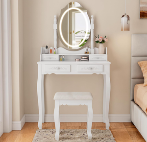 Tocador plegable portátil blanco moderno, juego de taburetes de maquillaje con lámpara Led inteligente, espejo cosmético, muebles de dormitorio - Product Image 1