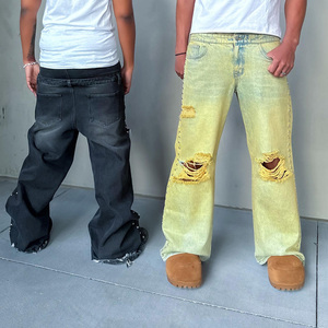 Jeans Y2K pour hommes, vintage, délavés à l'acide, amples, <span class=keywords><strong>en</strong></span> denim, avec strass, à jambes larges, effet usé, streetwear, jeans personnalisés - Product Image 2
