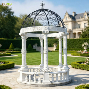 Gazebo Rotondo in Marmo Bianco YouFine Stile Castello Inglese, Grande Padiglione in Pietra Intagliata a Mano per Esterni con Cupola in Ferro Battuto - Product Image 1