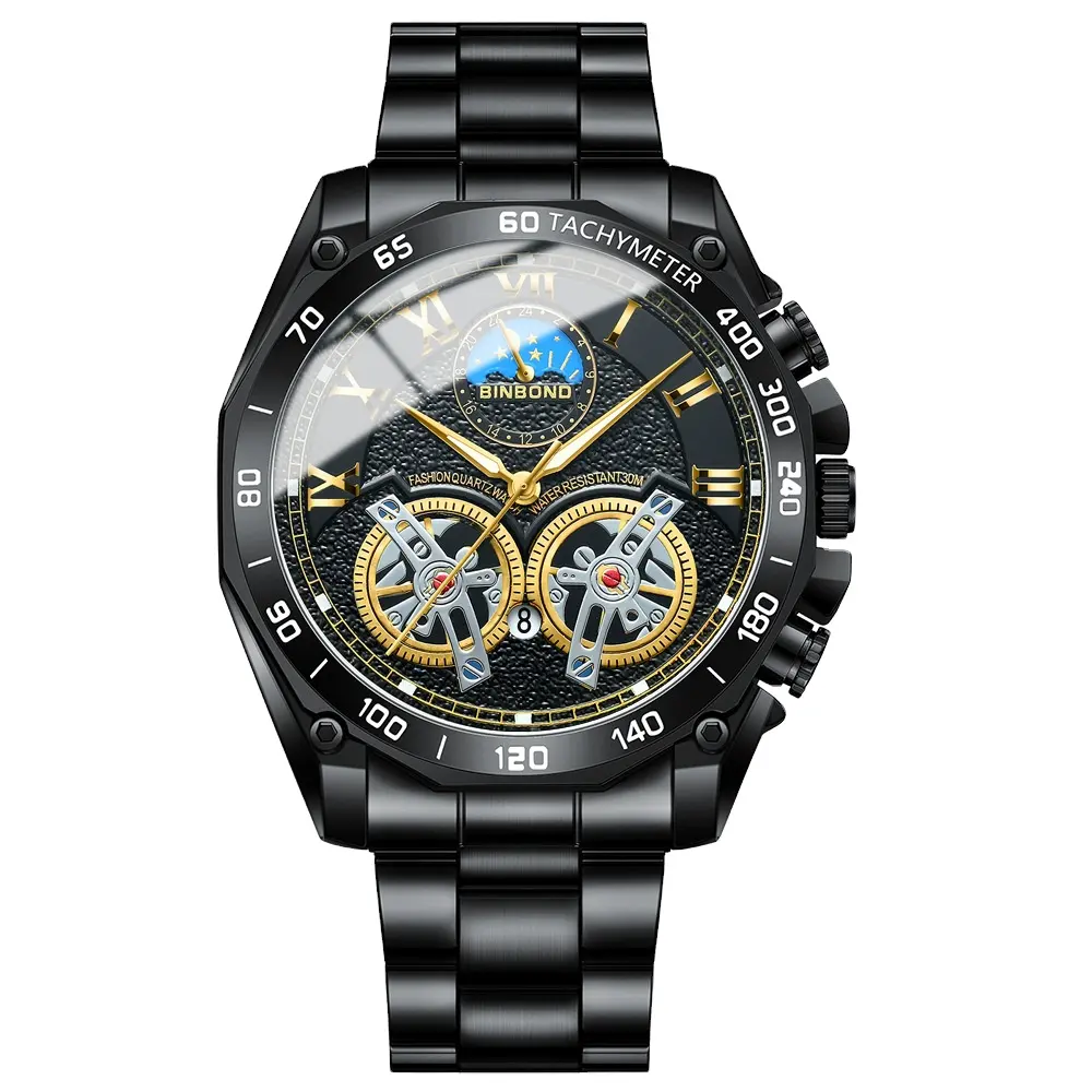 Reloj Hombre Plata Negro Acero Inoxidable Cuarzo Reloj Hombre Lujo Impermeable Calendario Reloj Hombre