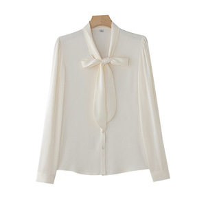 Light Green Satin Blouse With Bow Tie Long Sleeve Office Shirt Women's Elegant Professional Top Solid Color Polyester Fabric - Product Image 5