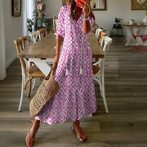 Vestido Largo Casual para Mujer, Estilo Dulce y Holgado, Cuello en V, Manga Farol, Estampado Multicolor, Estilo Retro Simple para Primavera - Product Image 3