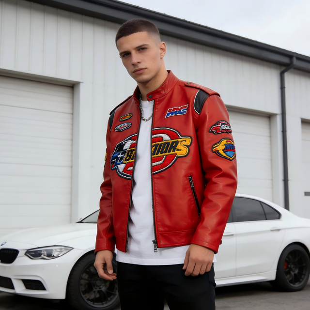 Hot Sales Men's Leather Jacket  Vintage Bomber Anorak Motorcycle Auto Racing Baseball Jacket Embroidered Premium Leather Jacket