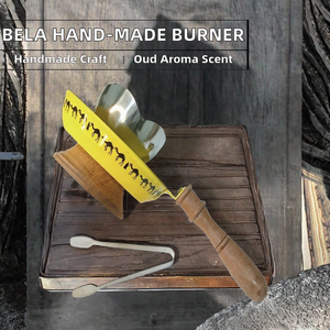 Bela Artisan Aromatic Durable Hand-made Stainless Steel <b>Bakhoor</b> Burner Acacia Wood Handle <b>Oud</b> Scent Yellow Tray Indian Incense - Product Image 2