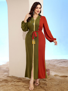 Vestido Abaya verde para mujer con cuello en V rojo naranja Costura informal elegante Moda europea de Oriente Medio para intelectuales - Product Image 5