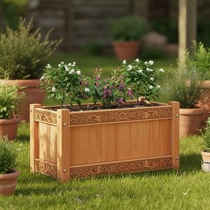 Fioriera da Giardino in Legno di Pino Massiccio con Intarsi Decorativi, Stile Rustico, Vaso per Fiori da Esterno di Medie Dimensioni - Product Image 2