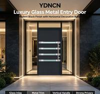 Porte d'entrée moderne en aluminium noir avec bande de verre dépoli, design de luxe pour villa, porte de sécurité extérieure avec longue poignée en acier inoxydable