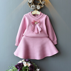 Vêtements pour enfants de mode coréenne en gros, vêtements pour filles, vêtements de couleur unie, ensembles de robes en tricot - Product Image 2