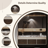Meuble-lavabo de salle de bain moderne suspendu avec plateau en pierre frittée, ensemble de meuble en bois massif, miroir LED intelligent, lavabo simple ou double