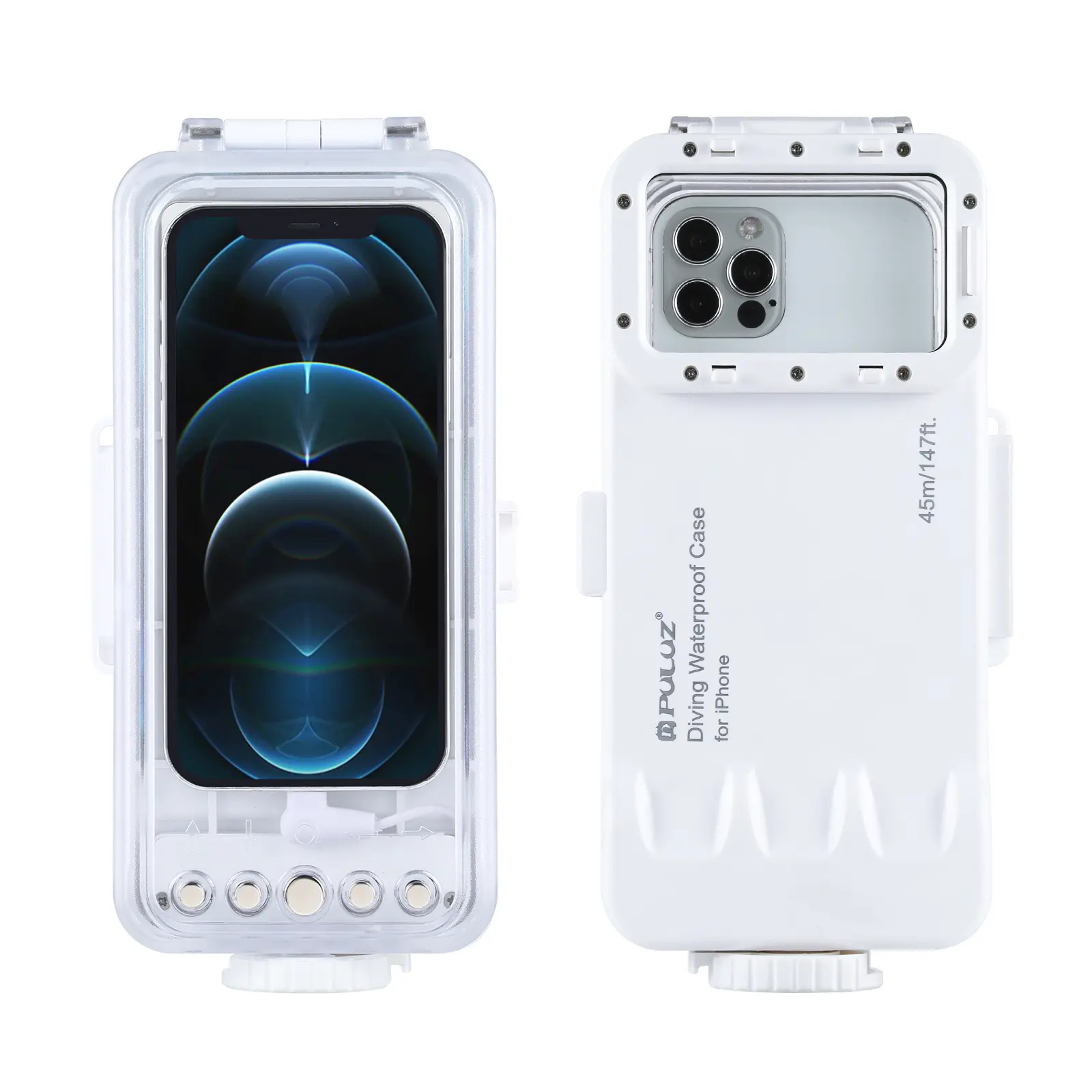 PULUZ 45m/147ft Waterproof Diving Housing Photo Video Taking Underwater Cover Case for iPhone 13/12 Pro White