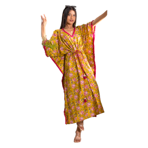 Rose Print Mustard <b>Kaftan</b> For <b>Women</b> With V Neck Ruffled Edges And Flowing Silhouette For Stylish Comfortable Casual Fashion Wear - Product Image 1
