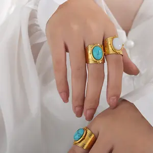 Wholesale Vintage 18k Pvd Gold Plated Natural Stone White Shell Turquoise Wide Open Ring Stainless Steel Ring