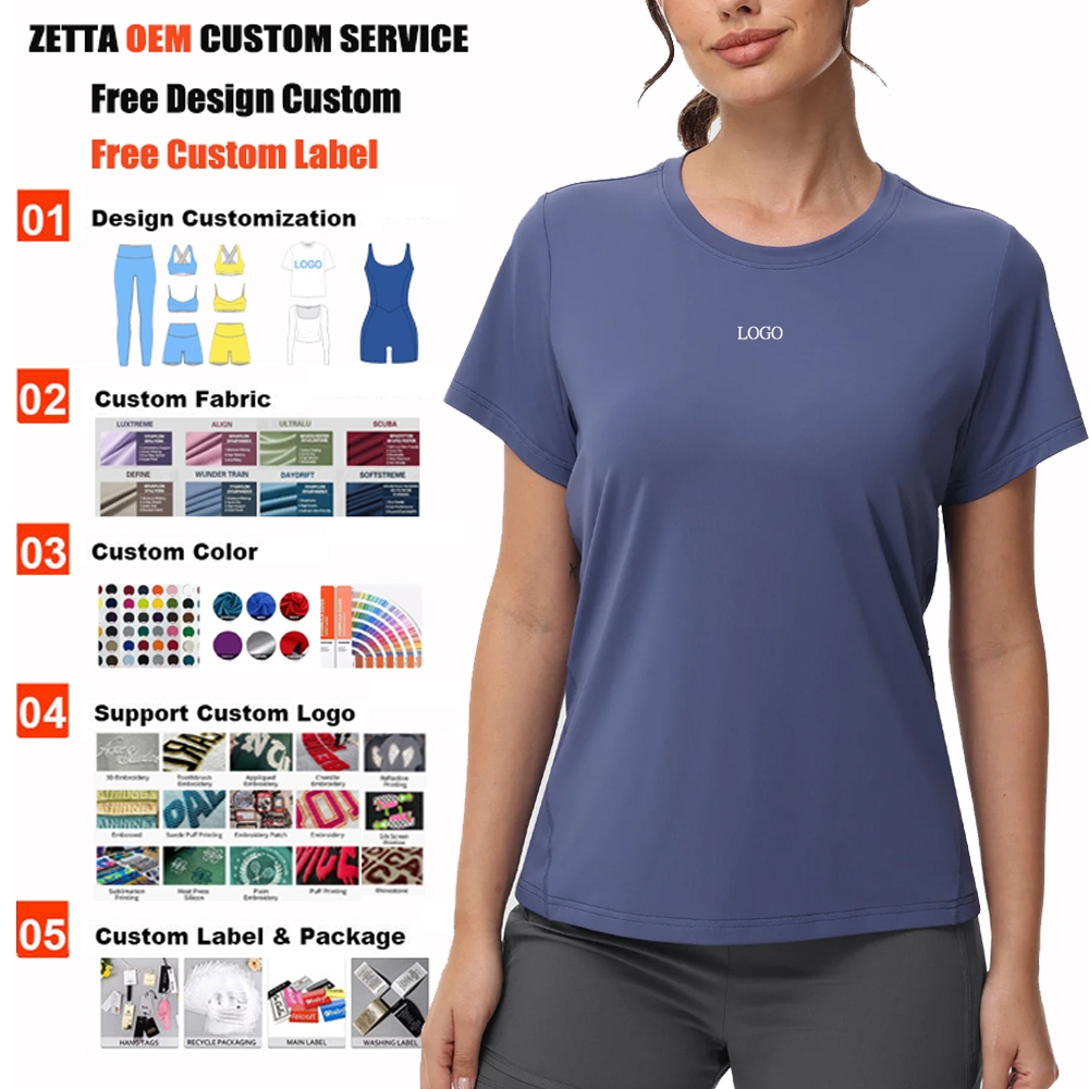 OEM Custom Women Activewear Crew Neck Front Logo Slim Fit Fitness Tee Breathable Sweat Wicking Short Sleeve Clothing Gym Shirt