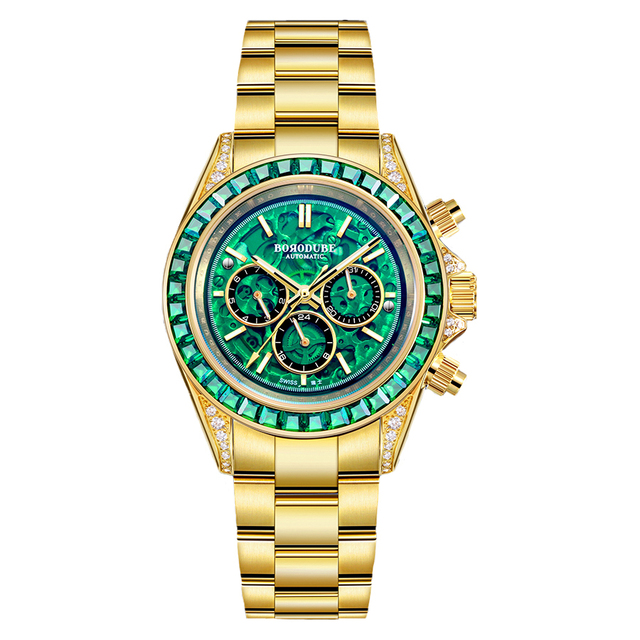 ODM Hip Hop Iced Out Stones Bezel Luxury Men Gold Jewelry Watch Multifunctional Automatic Watches for Men