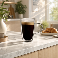Mug à café en verre borosilicate à double paroi isolé avec poignée, fabriqué à la main, soufflé à la bouche, compatible lave-vaisselle et micro-ondes, style classique