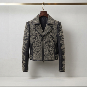 Rhinestone Embellished Leather Biker <b>Jacket</b> Men's Gothic Motorcycle <b>Jacket</b> Stand Collar <b>Zip</b> <b>Up</b> Winter Outerwear - Product Image 1