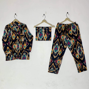 Ensemble de pyjama pour femmes à motifs ethniques moutarde et indigo, imprimé à la main, prix de gros - Product Image 1