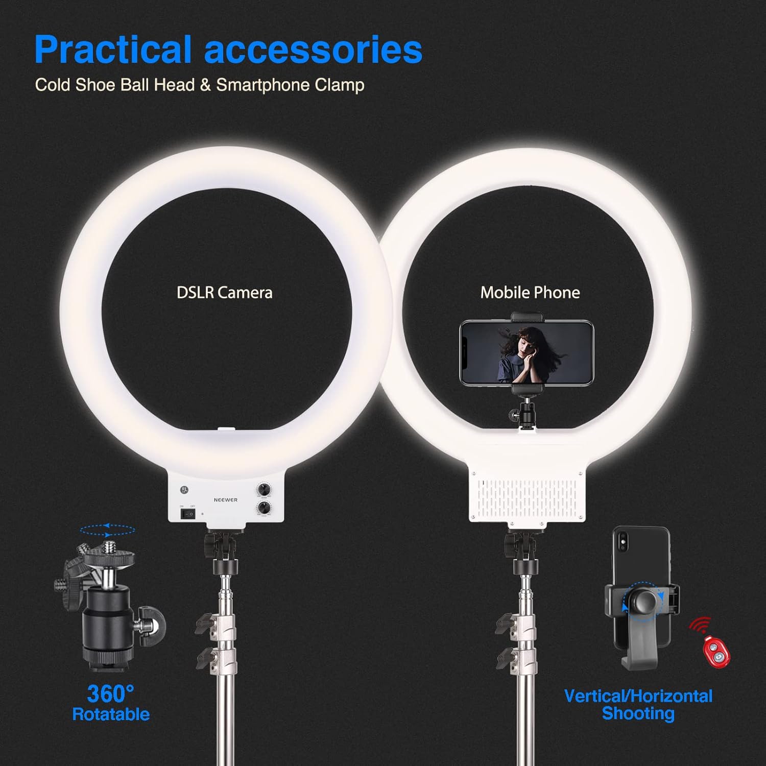 Neewer 18-Inch Outer Dimmable SMD LED Ring Light Lighting Kit With Color Phone