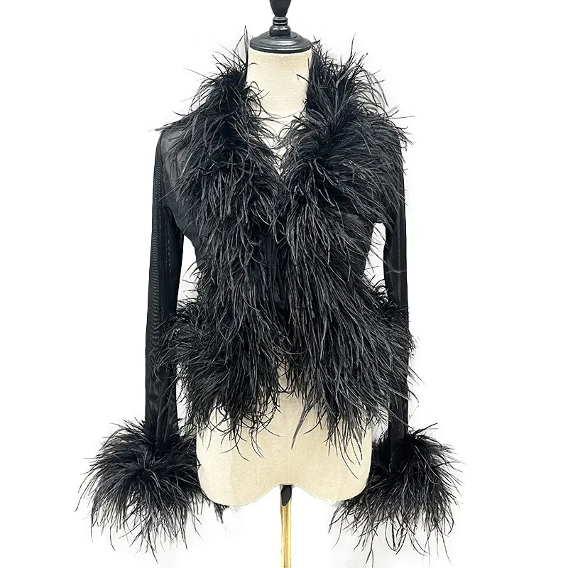 2024 nuevo abrigo de piel de pluma de avestruz esponjoso transparente Sexy cárdigan de plumas de avestruz de malla de verano para mujer