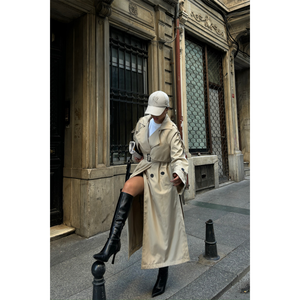 Manteau trench vintage pour femme avec fente latérale, en tissu tricoté beige, rembourré en coton, imprimé, pour la saison d'automne - Product Image 1