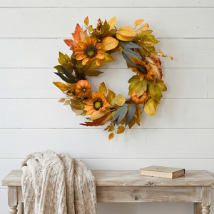 Couronne décorative artificielle mini citrouille et tournesol pour la récolte d'automne, anneau floral à suspendre à la porte pour la décoration intérieure - Product Image 2