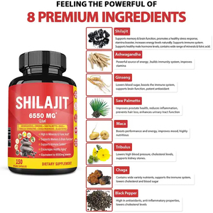 Complément de Shilajit 6550 MG avec Ashwagandha, Ginseng, Palmier Nain, Maca, Tribulus, Chaga, Poivre Noir – Supplément de Shilajit de l'Himalaya - Product Image 2