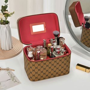 Vintage M Letter Printed Makeup Case Large Capacity PU Leather Cosmetic <b>Storage</b> Box - Product Image 2
