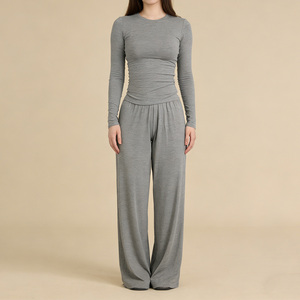 Ensemble décontracté pour femmes personnalisé, vêtements de détente <span class=keywords><strong>en</strong></span> modal de bambou de haute qualité, haut ajusté avec <span class=keywords><strong>pantalon</strong></span> ample, 2 pièces, pyjama pour femmes - Product Image 2