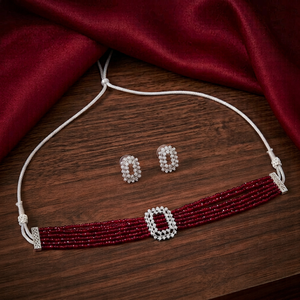 Silver Plated Hydro Bead Choker <b>Necklace</b> Set Maroon <b>Ruby</b> Red Multi Layer Crystal Beads Collar <b>Necklace</b> with CZ Stud Earrings - Product Image 1