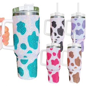 Custom LogoBulk Black Brown Purple Blue Rose Rhinestone Bling studded Mugs Tumblers Cow Print Tumbler with Handle and Straw - Product Image 4